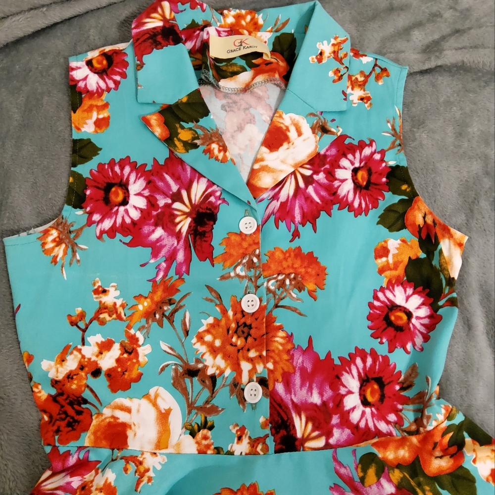 GRACE KARIN COTTON FLORAL FIT & FLARE DRESS V NECK WITH COLLAR DRESS 11-12  YEAR - Picture 9 of 9